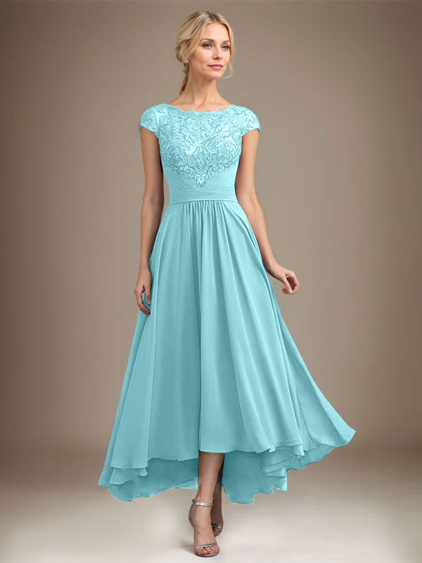 A-line Scoop Illusion Asymmetrical Lace Chiffon Mother of the Bride Dress With Pleated