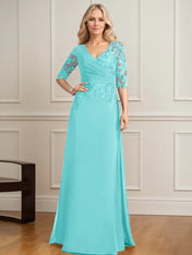 A-line V-Neck Floor-Length Lace Chiffon Mother of the Bride Dress With Pleated Sequins