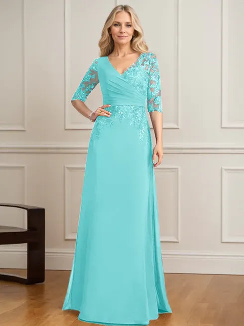 Robe de mère de la mariée trapèze, col en V, longueur au sol, en mousseline de soie et dentelle, avec sequins plissés 