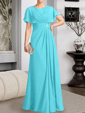 A-line Scoop Floor-Length Chiffon Mother of the Bride Dress With Pleated Beading