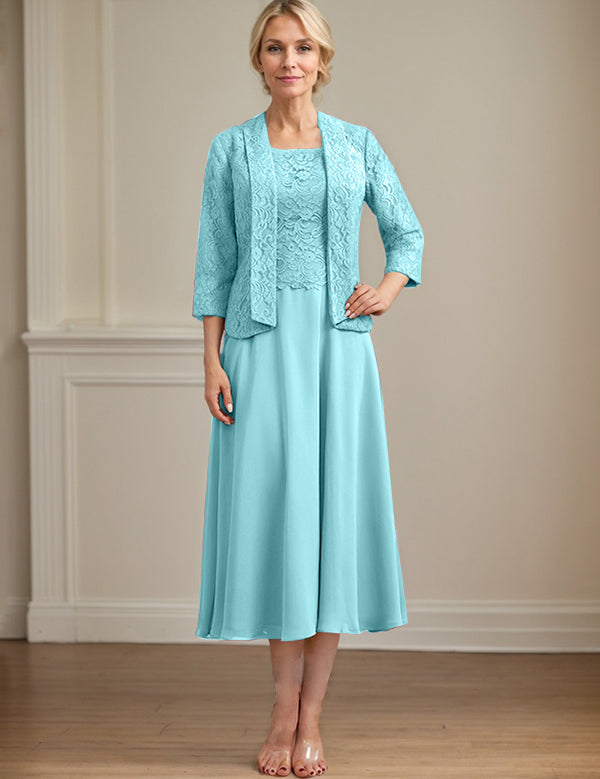 A-line Scoop Tea-Length Lace Chiffon Mother of the Bride Dress