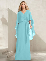 A-line V-Neck Floor-Length Chiffon Mother of the Bride Dress With Cascading Ruffles Beading