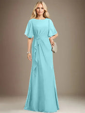 A-line Scoop Floor-Length Chiffon Mother of the Bride Dress With Cascading Ruffles Beading Sequins