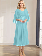 A-line V-Neck Tea-Length Chiffon Mother of the Bride Dress With Pleated Sequins Appliques Lace Beadind
