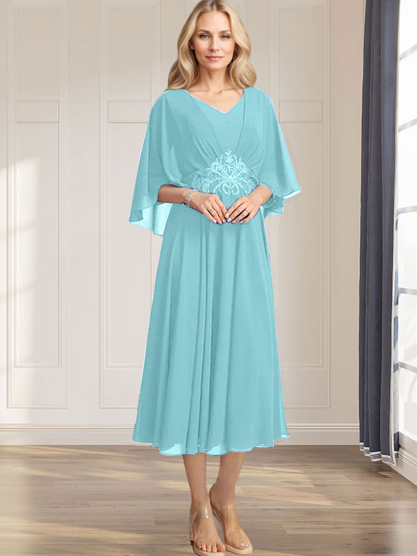 A-line V-Neck Tea-Length Chiffon Mother of the Bride Dress With Pleated Sequins Appliques Lace Beadind