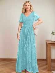 A-Line V-Neck Asymmetrical Lace Mother of the Bride Dress With Cascading Ruffles