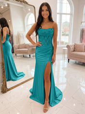 Romantic Pink Satin Corset Slit Prom Dress with Beaded Bodice