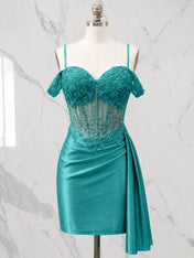 Sweetheart Sheer Corset Mini Dress with Cascading Side Drape Homecoming Dresses