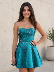 Baby Blue All Over Pearl Strapless Satin A-Line Mini Homecoming Dresses