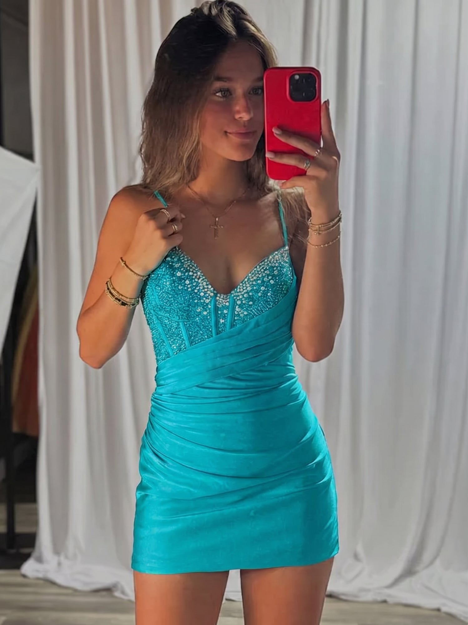 Beaded V Neck Corset Bodice Homecoming Dress