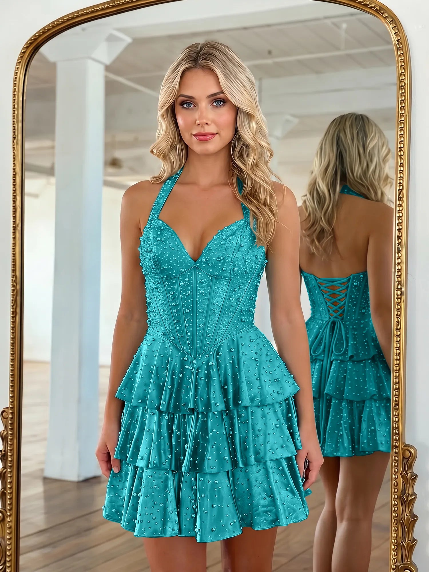 Halter Neck Pearl Beaded Tiered Short Homecoming Dresses