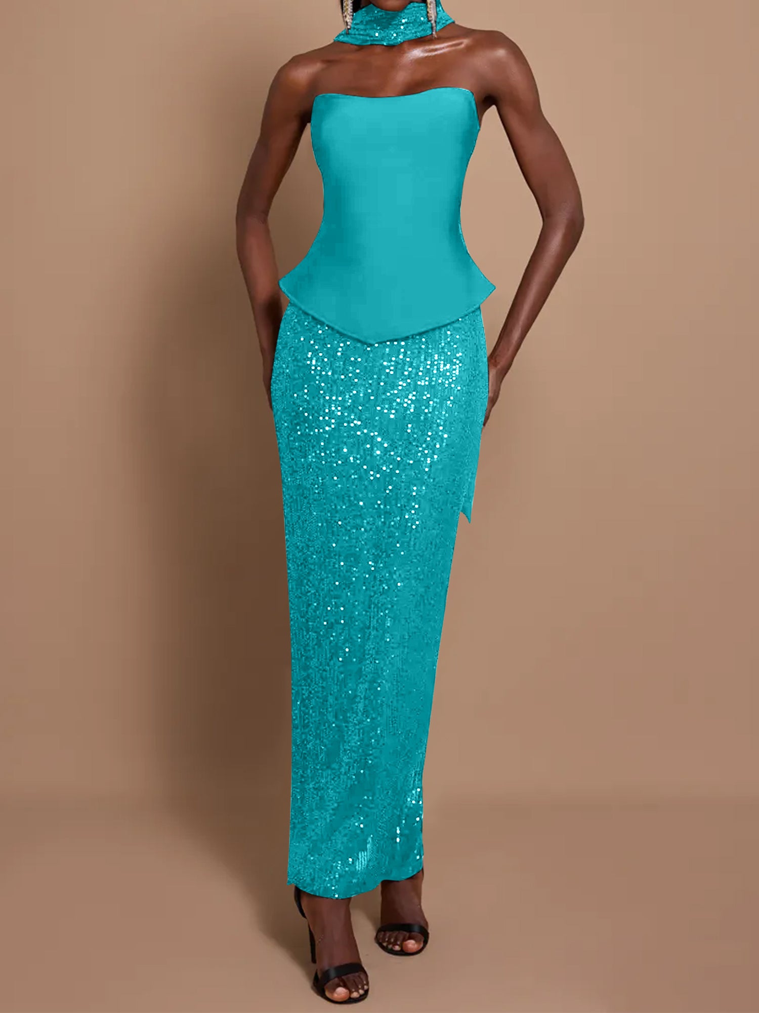 Off-Shoulder Bandage Top & Sequin Midi Skirt Set