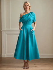 A Line Satin One Shoulder Pleated Ankle Length Mother of the Bride Dress