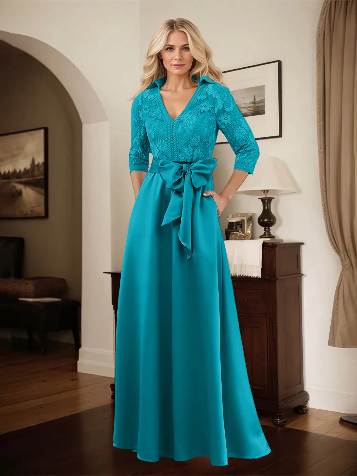 Classic V-Neck Bow Accented Satin Mother Of The Bride Dress With Lace