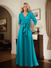 Classic V-Neck Bow Accented Satin Mother Of The Bride Dress With Lace