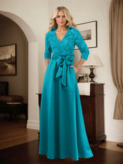 Classic V-Neck Bow Accented Satin Mother Of The Bride Dress With Lace