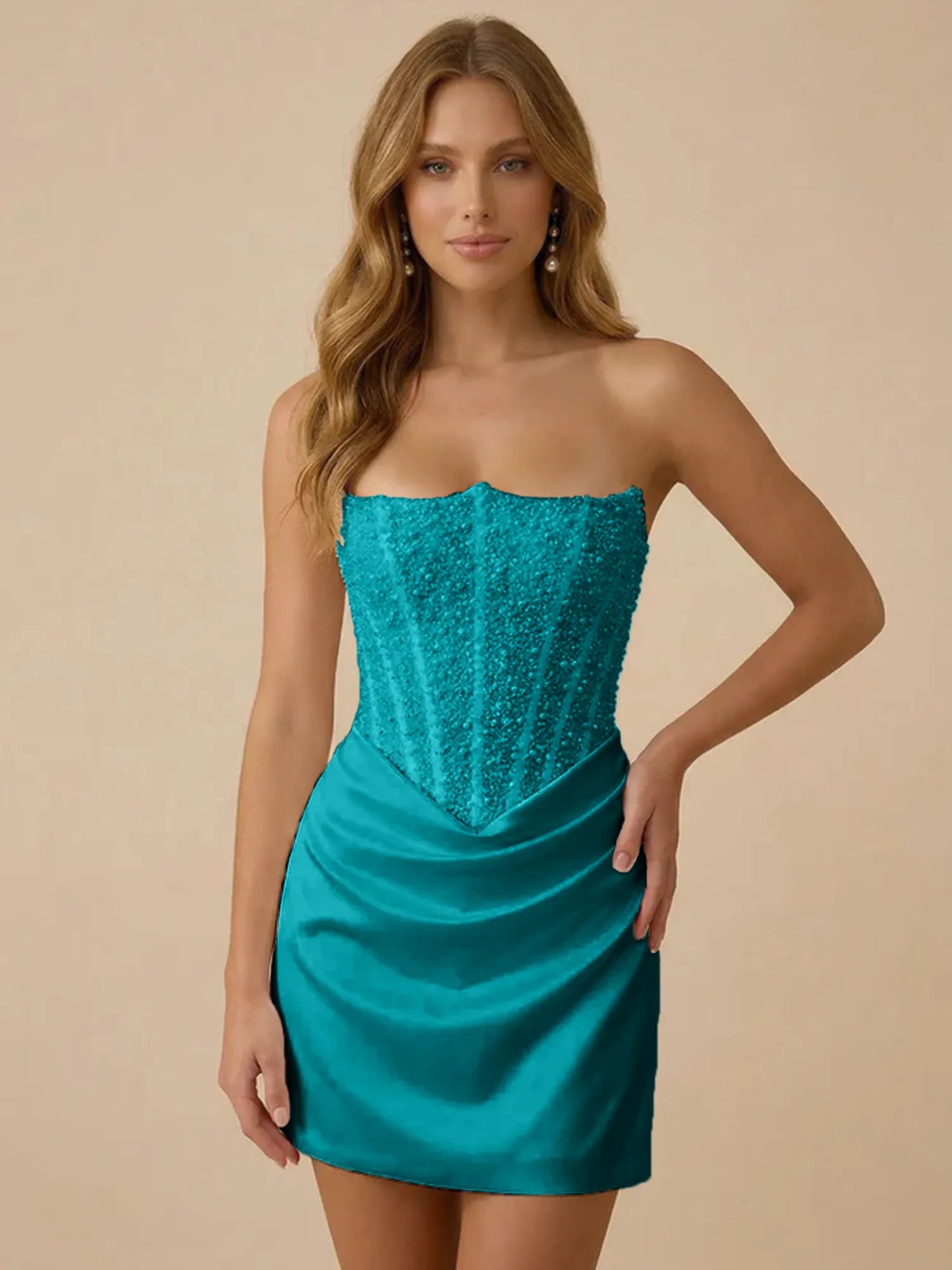White Strapless Sequin Beaded Satin Short Homecoming Dress with Corset