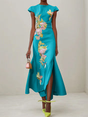 Green Floral Embroidered Cap Sleeve Slit Sheath Maxi Dress