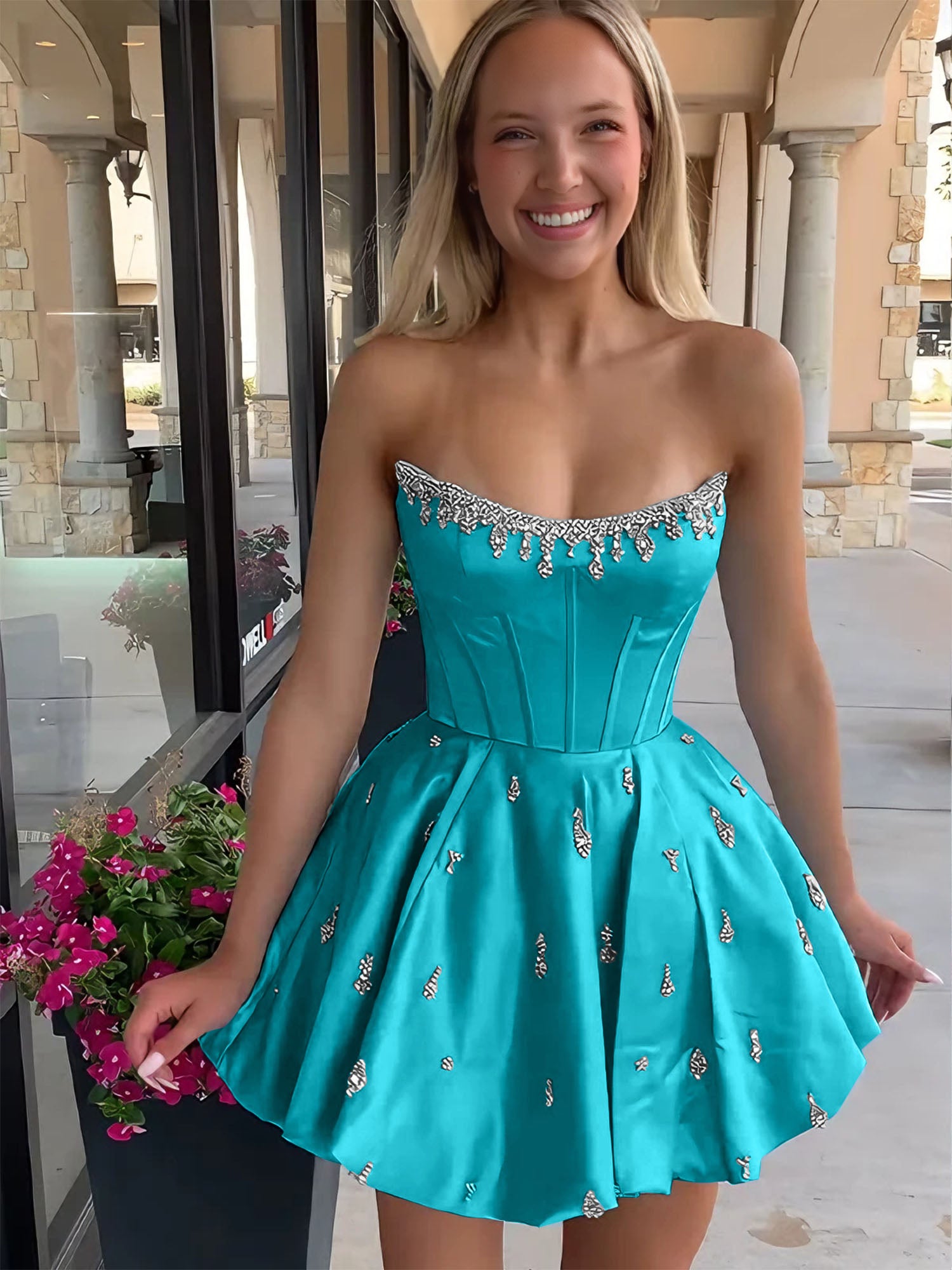 Sparkly Satin A Line Short Corset Homecoming Dress with Rhinestones