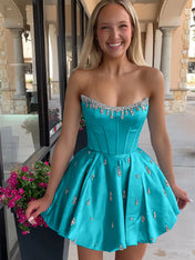 Sparkly Satin A Line Short Corset Homecoming Dress with Rhinestones