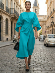 Loose Batwing Sleeve Dress Tight Waist Solid Color Elegant Dresses