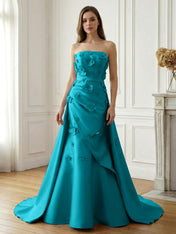 Lavender Satin 3D Floral Strapless A-Line Gown