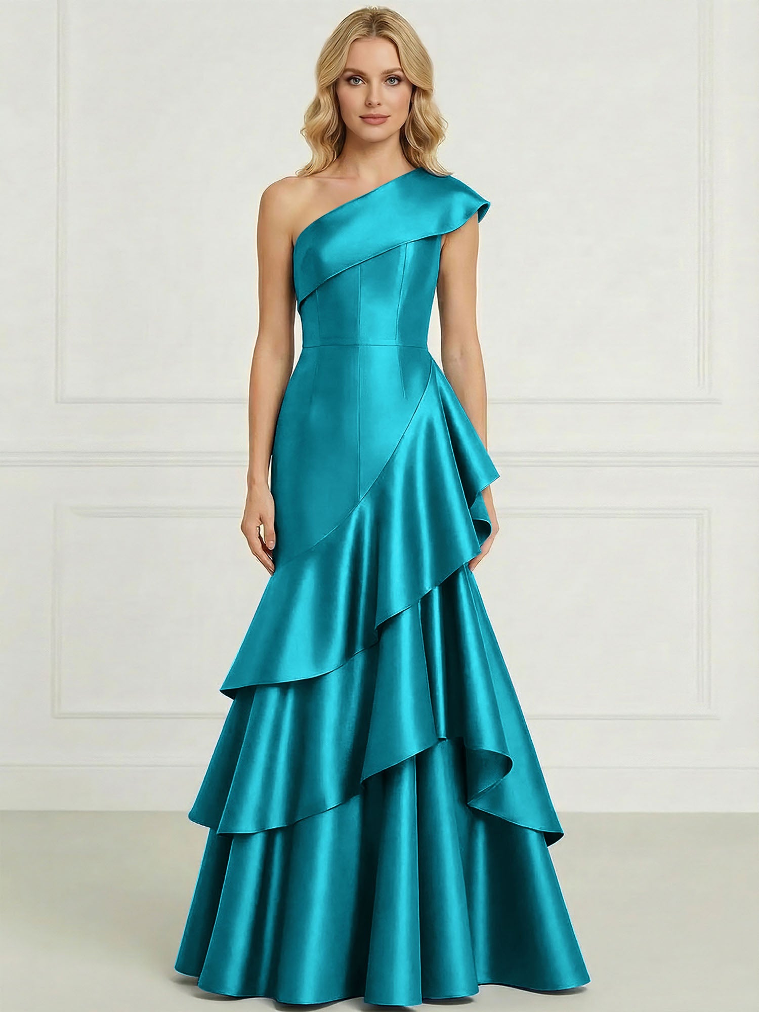 Formal Evening Dress Dark Blue One-Shoulder Satin Tiered Maxi Gown