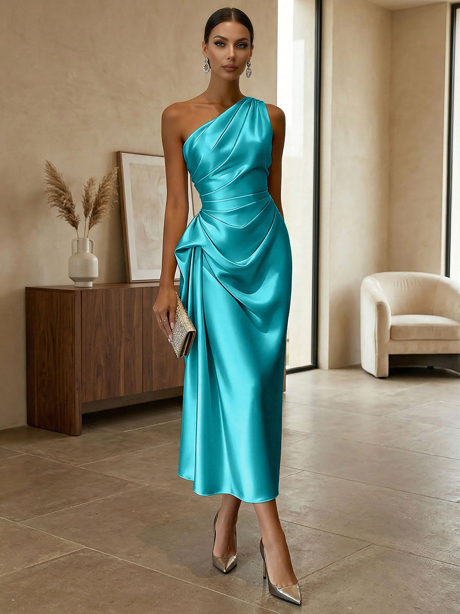 Champagne Ruched Satin One Shoulder Sleeveless Sheath Midi Dress