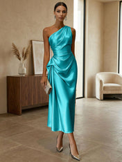 Champagne Ruched Satin One Shoulder Sleeveless Sheath Midi Dress