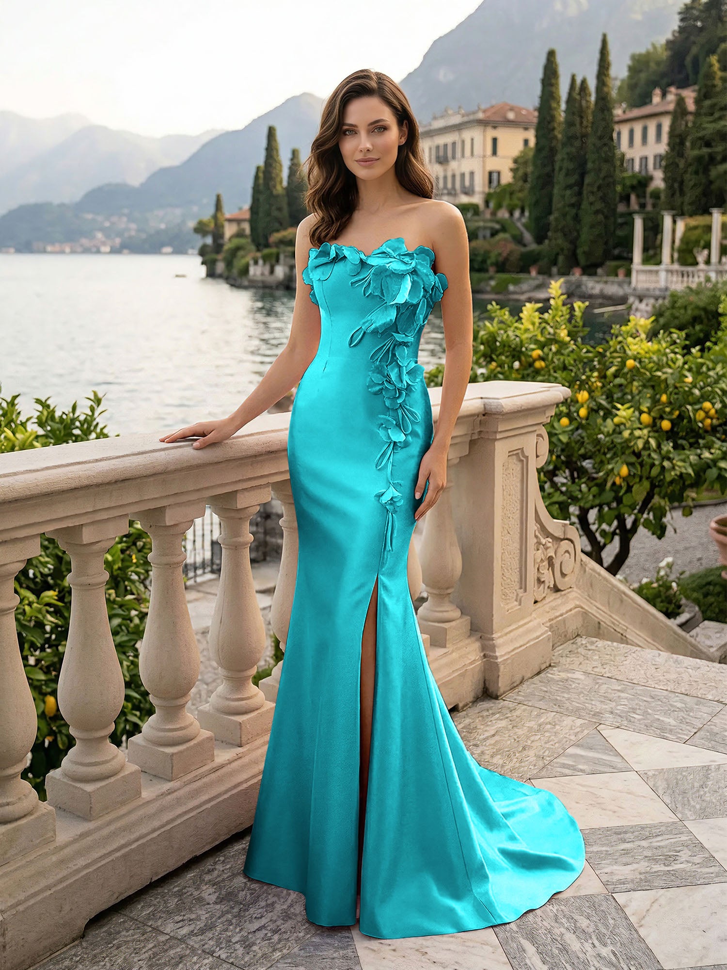 Pink Sweetheart Neckline 3D Flower Embellished Mermaid Evening Gown Maxi Dress