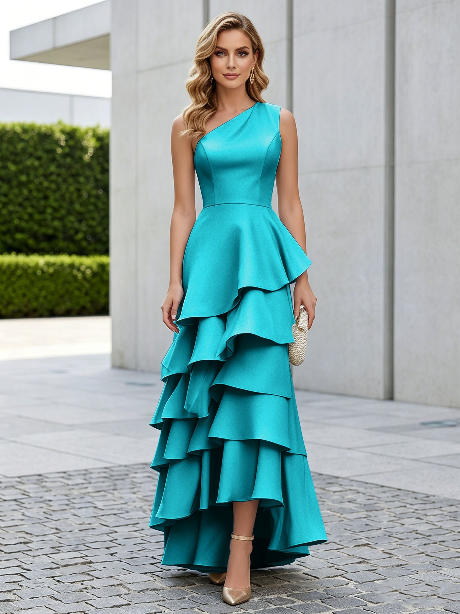 One Shoulder Tiered Ruffle Satin Mermaid Evening Gown with Sculptural Layers
