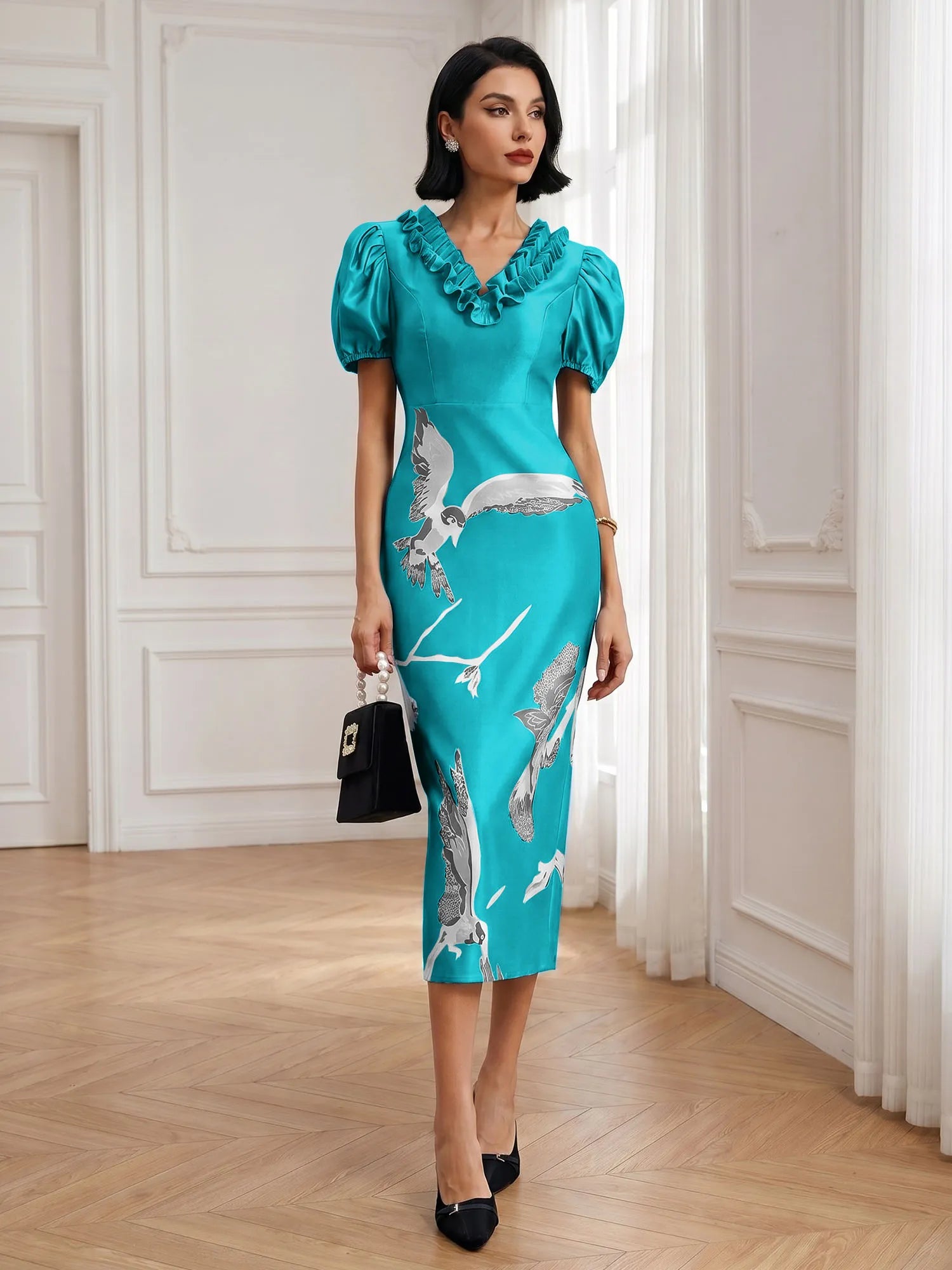 Black Folds V Neck Puff Sleeve Midi Sheath Dress