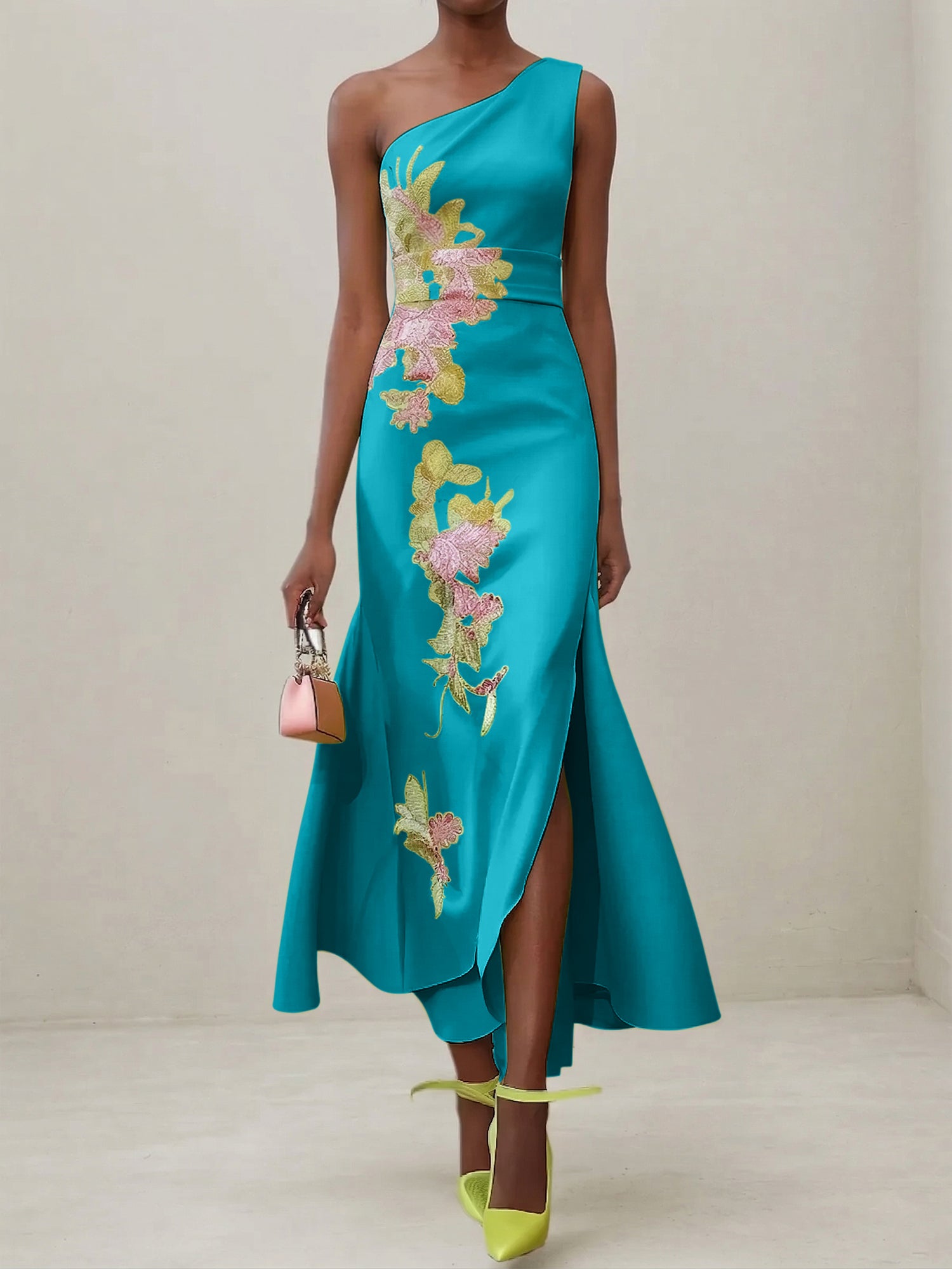 Green Floral One Shoulder Embroidered Cap Sleeve Slit Sheath Maxi Dress