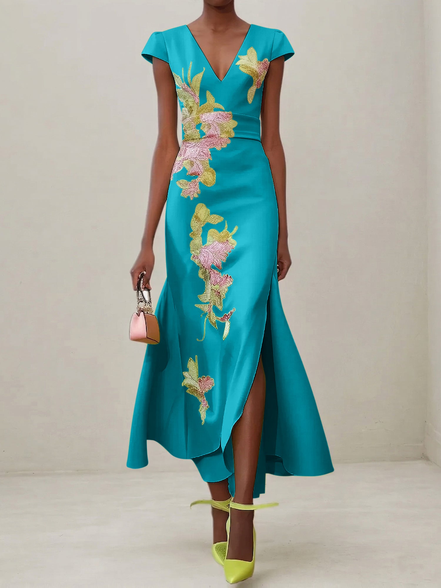 Green Floral V Neck Embroidered Cap Sleeve Slit Sheath Maxi Dress