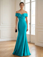 Formal Wedding Guest Dress Navy Off Shoulder Maxi Mermaid Dress