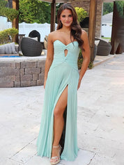 Yellow A Line Strapless Sweetheart Pleated Prom Dress with High Slit