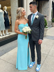 Aqua Blue Knot-Front Strapless Prom Dress with Slit