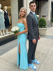 Aqua Blue Knot-Front Strapless Prom Dress with Slit