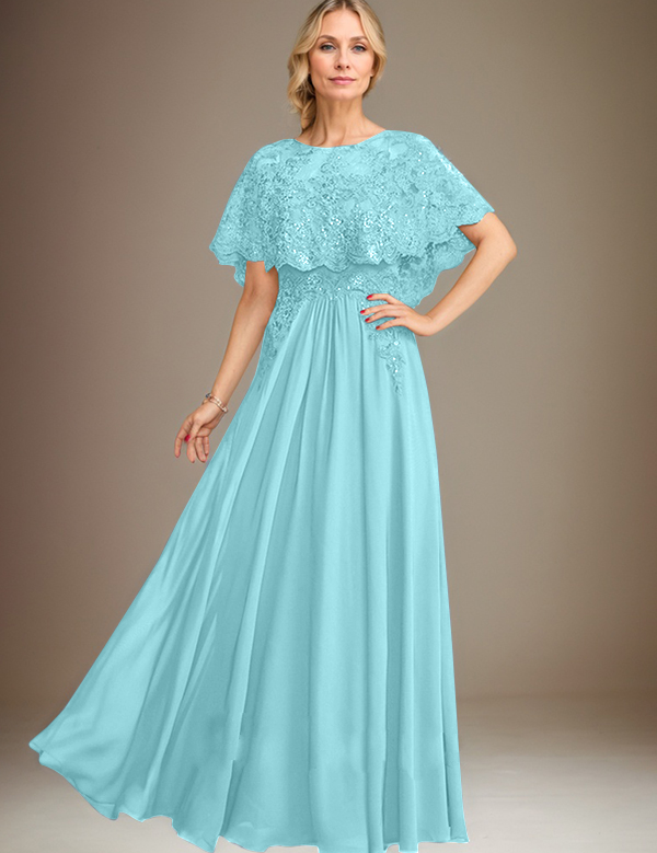 A-line Boat Neck Floor-Length Lace Chiffon Mother of the Bride Dress With Applique Sequins