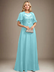 A-line Scoop Illusion Floor-Length Lace Chiffon Mother of the Bride Dress With Sequins
