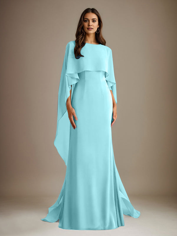 Robe de mère de la mariée en mousseline, coupe fourreau/colonne, col bateau, longueur ras du sol, avec volants en cascade 
