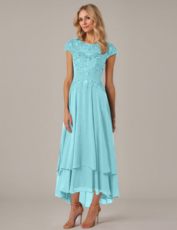A-line Boat Neck Illusion Asymmetrical Chiffon Lace Mother of the Bride Dress With Applique Pleats
