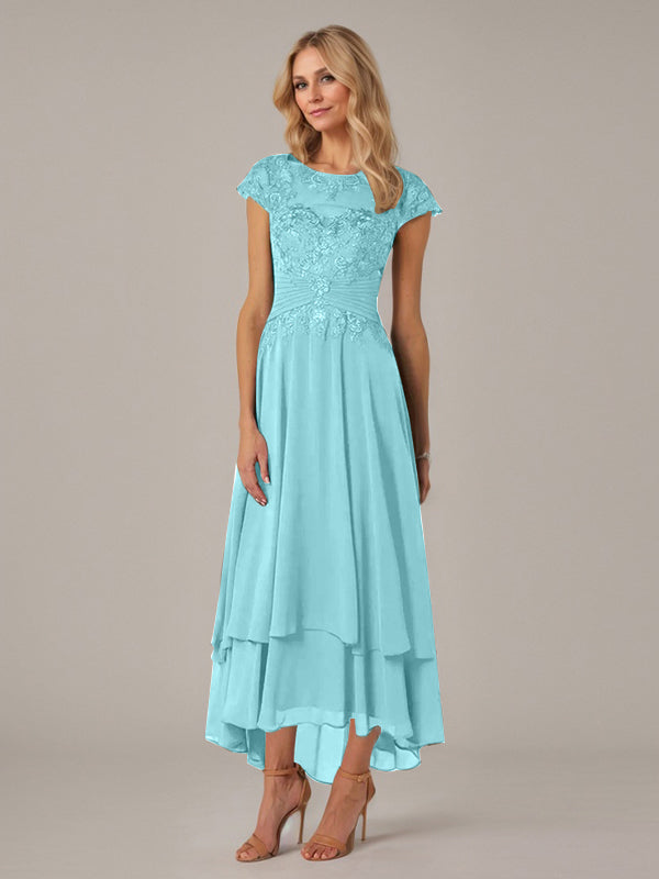 A-line Boat Neck Illusion Asymmetrical Chiffon Lace Mother of the Bride Dress With Applique Pleats