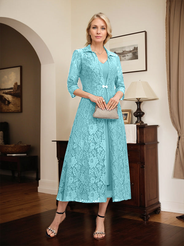 A-line V-Neck Tea-Length Chiffon Mother of the Bride Dress