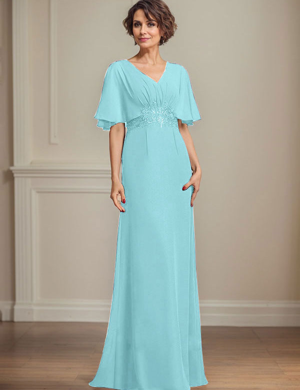 A-line V-Neck Floor-Length Chiffon Mother of the Bride Dress With Pleated Sequins Appliques Lace