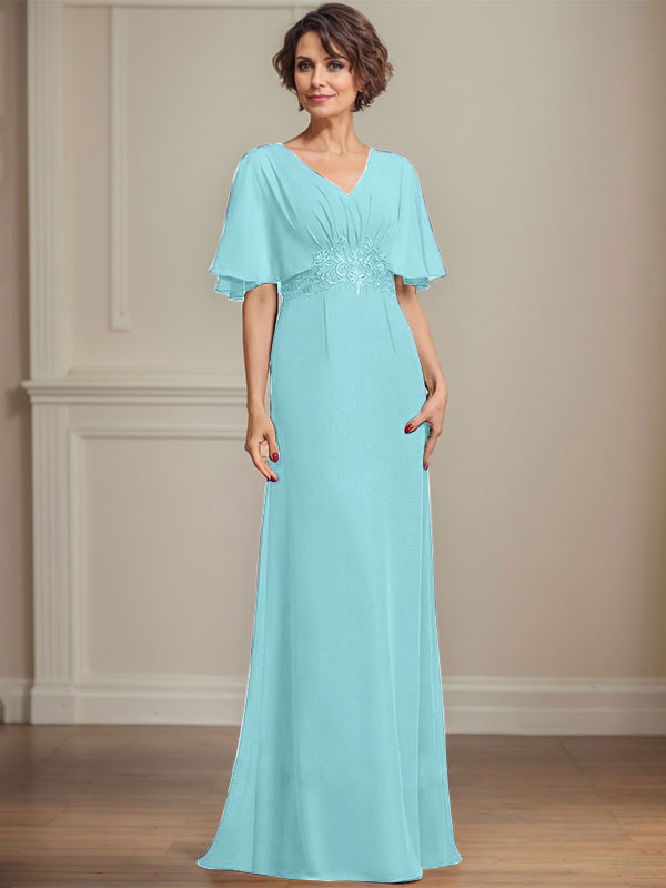 A-line V-Neck Floor-Length Chiffon Mother of the Bride Dress With Pleated Sequins Appliques Lace