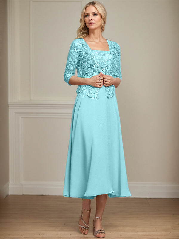 A-line Square Tea-Length Chiffon Lace Mother of the Bride Dress With Sequins Beading