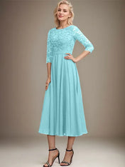 A-line Scoop Tea-Length Lace Chiffon Mother of the Bride Dress With Sequins