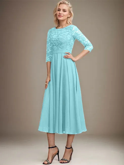 A-line Scoop Tea-Length Lace Chiffon Mother of the Bride Dress With Sequins