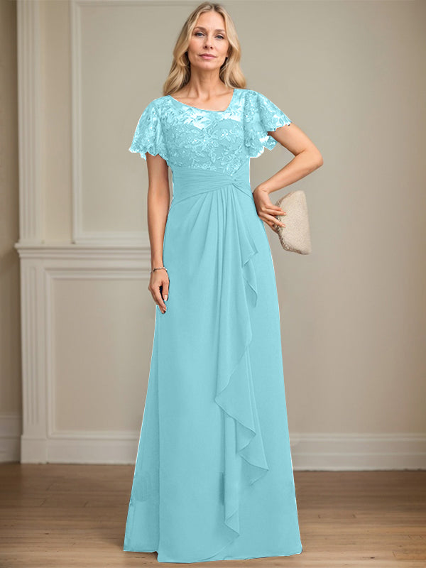 A-line Asymmetrical Illusion Floor-Length Lace Chiffon Mother of the Bride Dress With Cascading Ruffles Sequins
